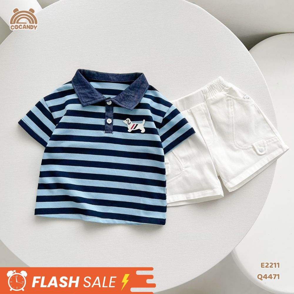 Áo cộc polo kẻ XANH NAVY nẹp cổ tag cún