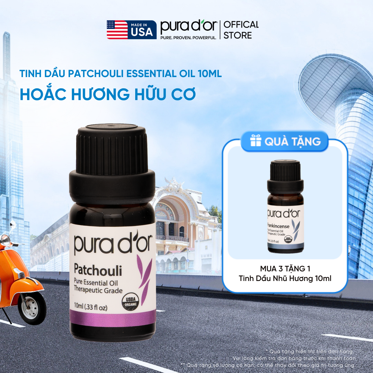 Tinh Dầu Hoắc Hương Hữu Cơ Pura D'or Therapeutic Grade Patchouli Essential Oil 10ml
