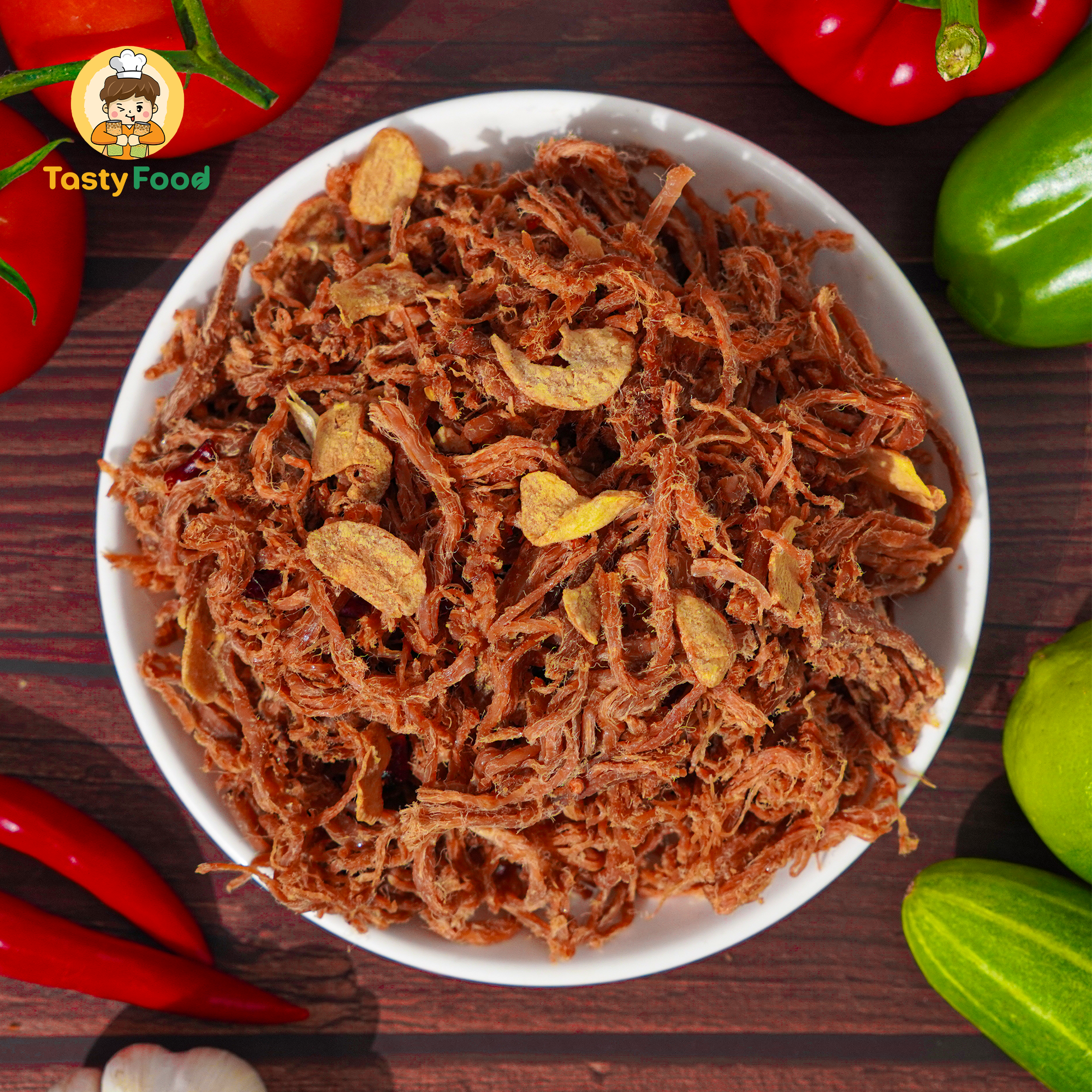 Khô heo cháy tỏi Tasty Food - Hũ vuông 500g
