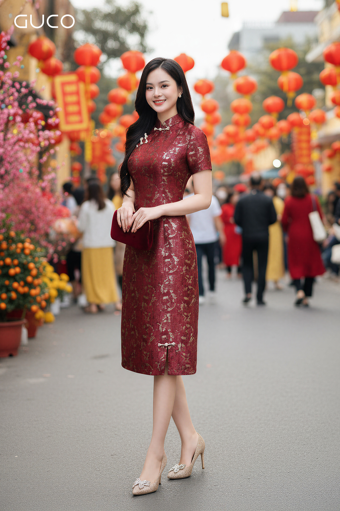 ĐẦM A CỔ TÀU GẤM HOA CAO CẤP-   ĐỎ