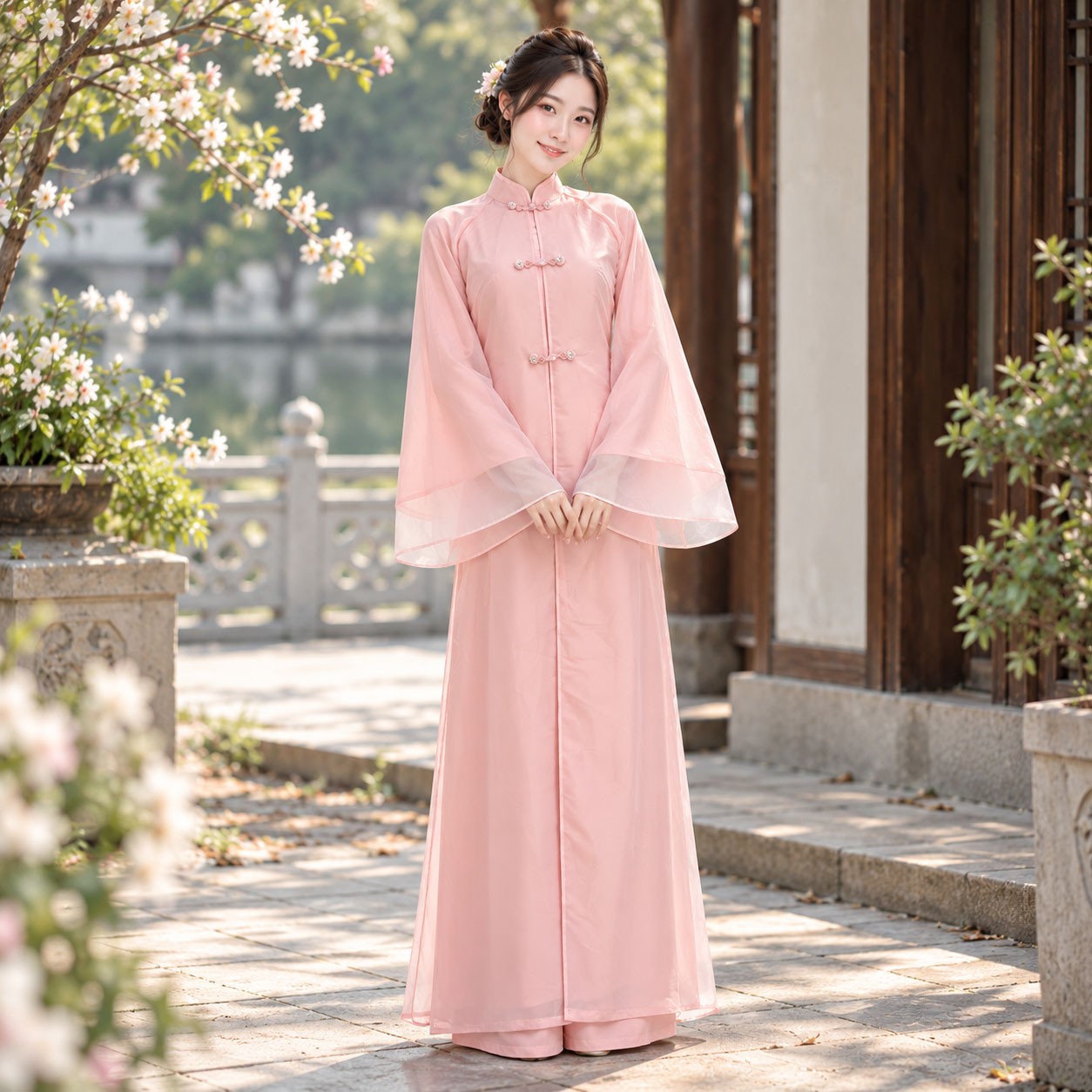 Áo Dài Cách Tân Nữ Cổ Đứng Dáng Suông Tay Loe Kèm Choàng Nhật Bình Voan Tơ Lụa - CT27-04_thumbnail_7