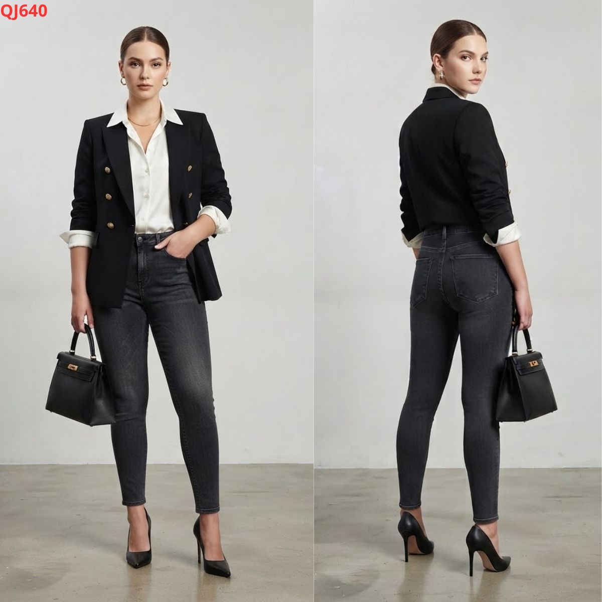 QJ640 Quần jeans ôm - đen