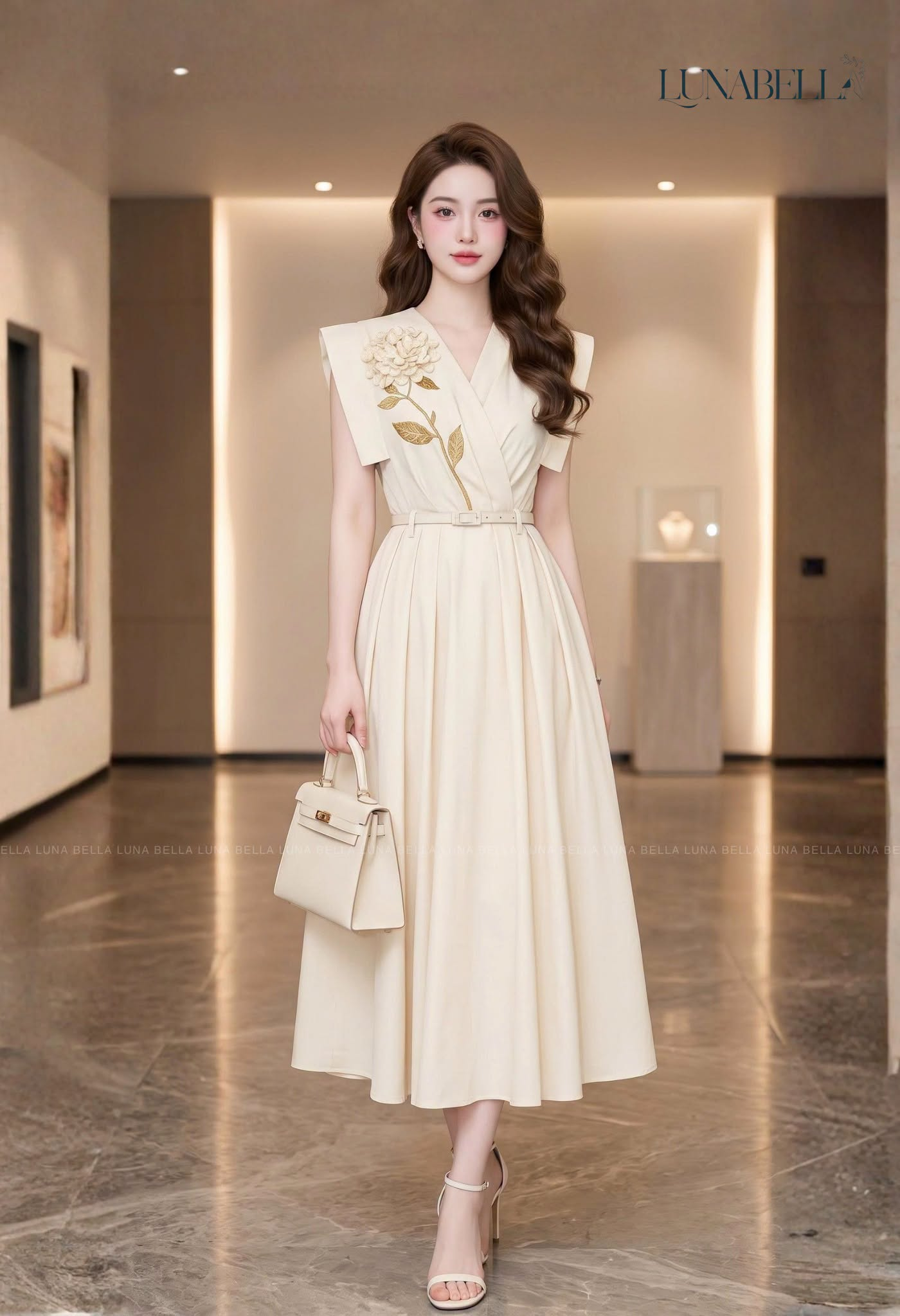 Váy midi xoè cổ V thêu hoa ANITA màu KEM_thumbnail_1