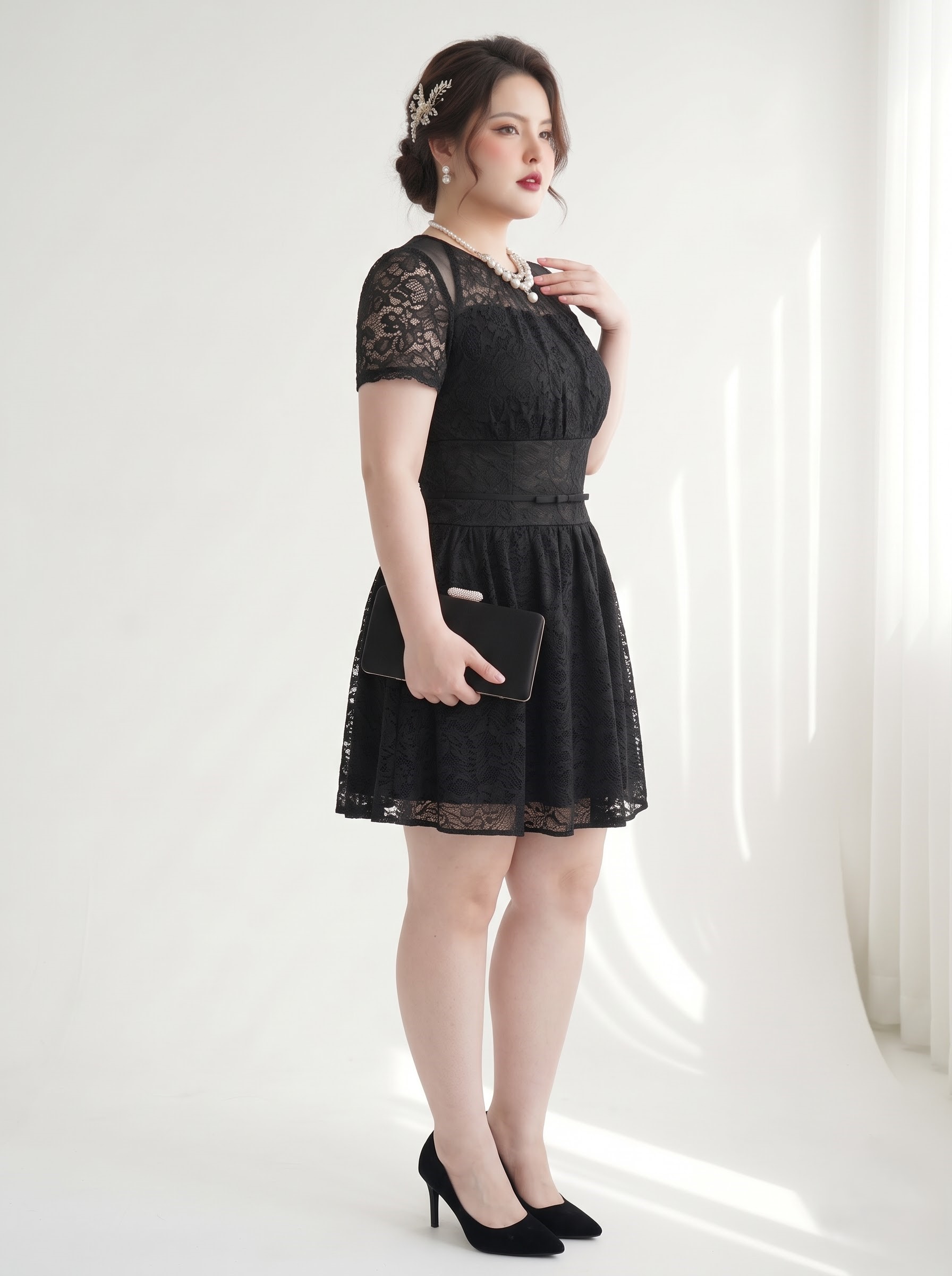 Đầm Ren Dáng A Phối Lưới Bigsize Nữ 2 Lớp Ren Hoa Lót Cotton Lạnh - Đen - Vừa 55-90kg - V-DA244