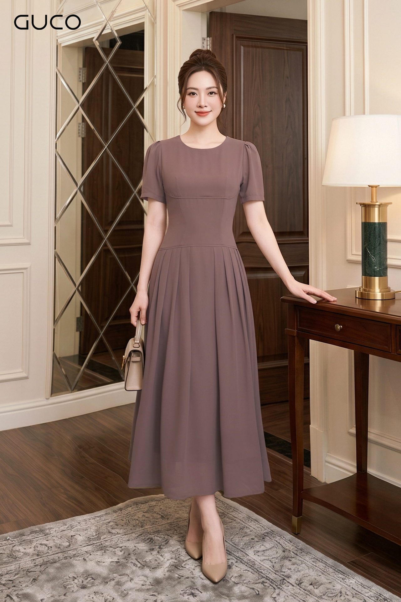 Đầm Xòe Công Sở Nâu Cổ Tròn - 5262