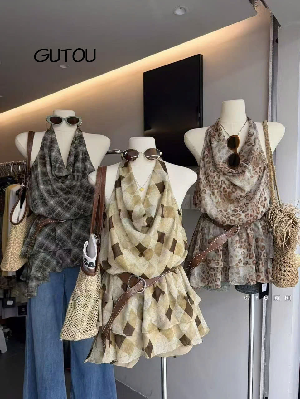 [ GUTOU ] Áo Sát Nách Caro Cổ Đổ Xếp Hai Tầng Kèm Belt_thumbnail_3