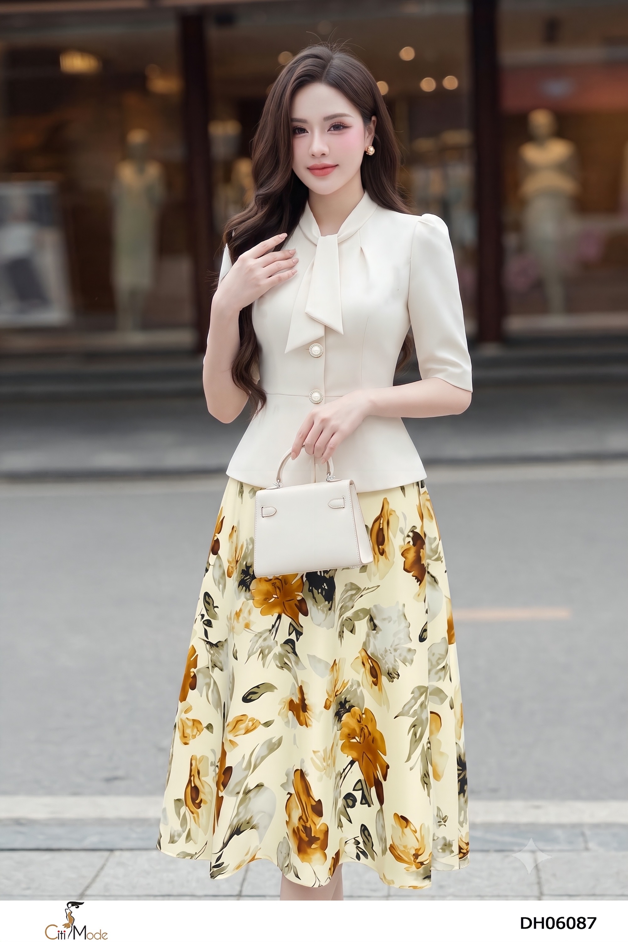 Đầm xòe hoa phối kem cổ nơ tay lỡ