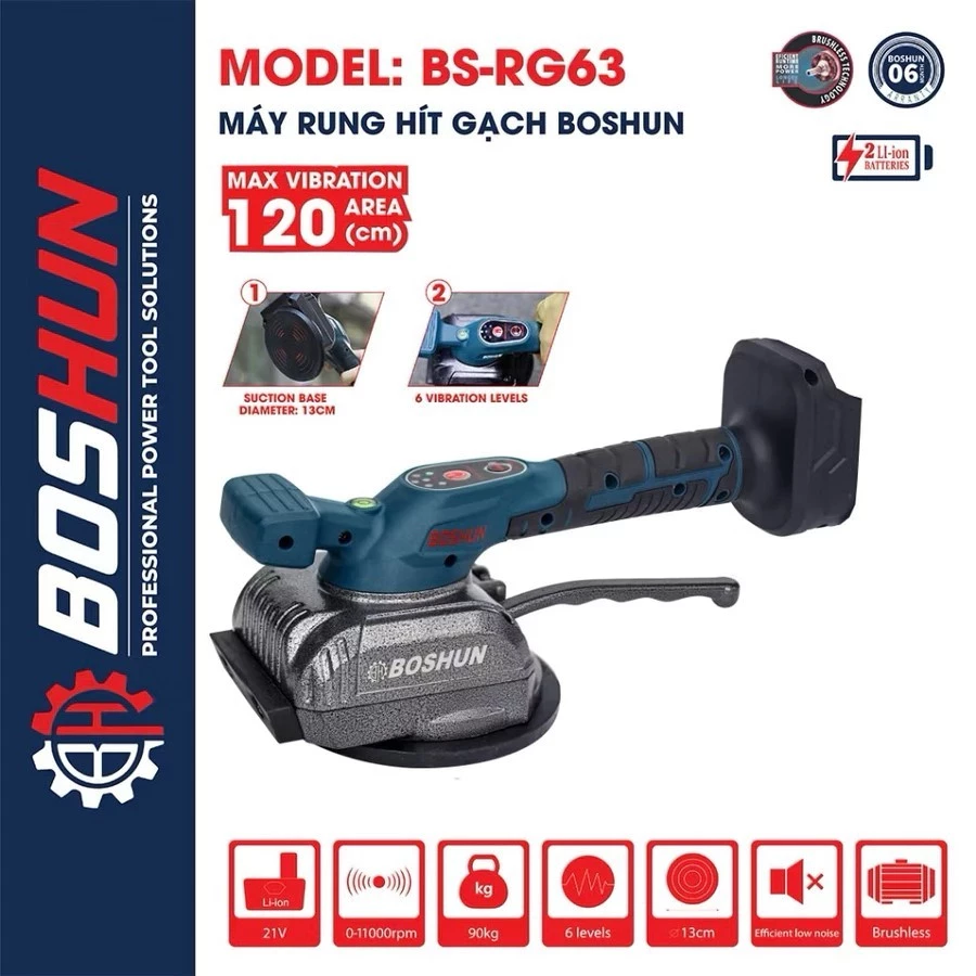 Máy Rung Gạch Pin BOSHUN BS-RG63PRO – Máy Rung Ốp Lát Gạch Men, Máy Hút Gạch Dùng Pin 21V