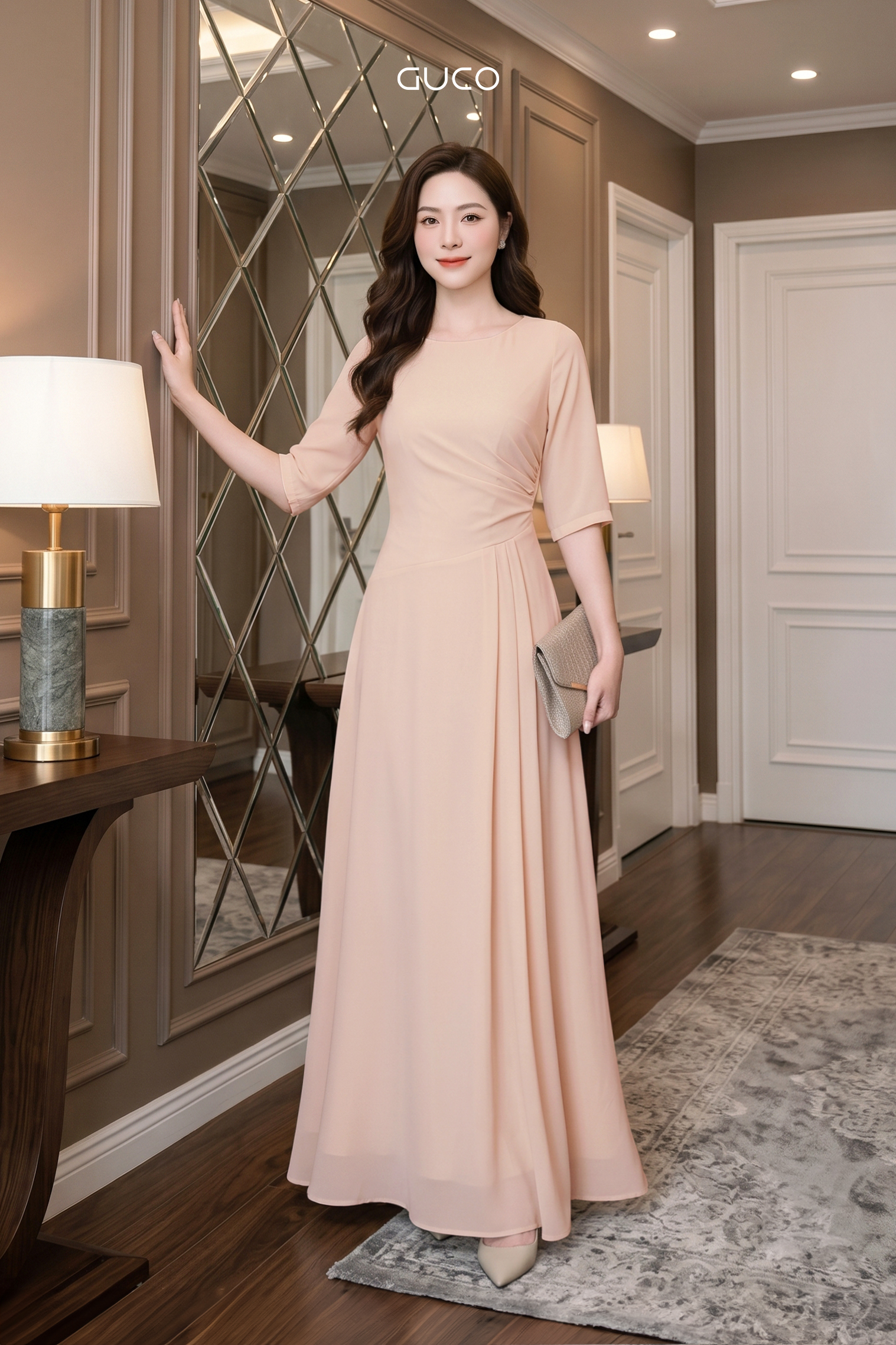 Đầm Dự Tiệc Kem Tay Lỡ Nhún Eo - 5242