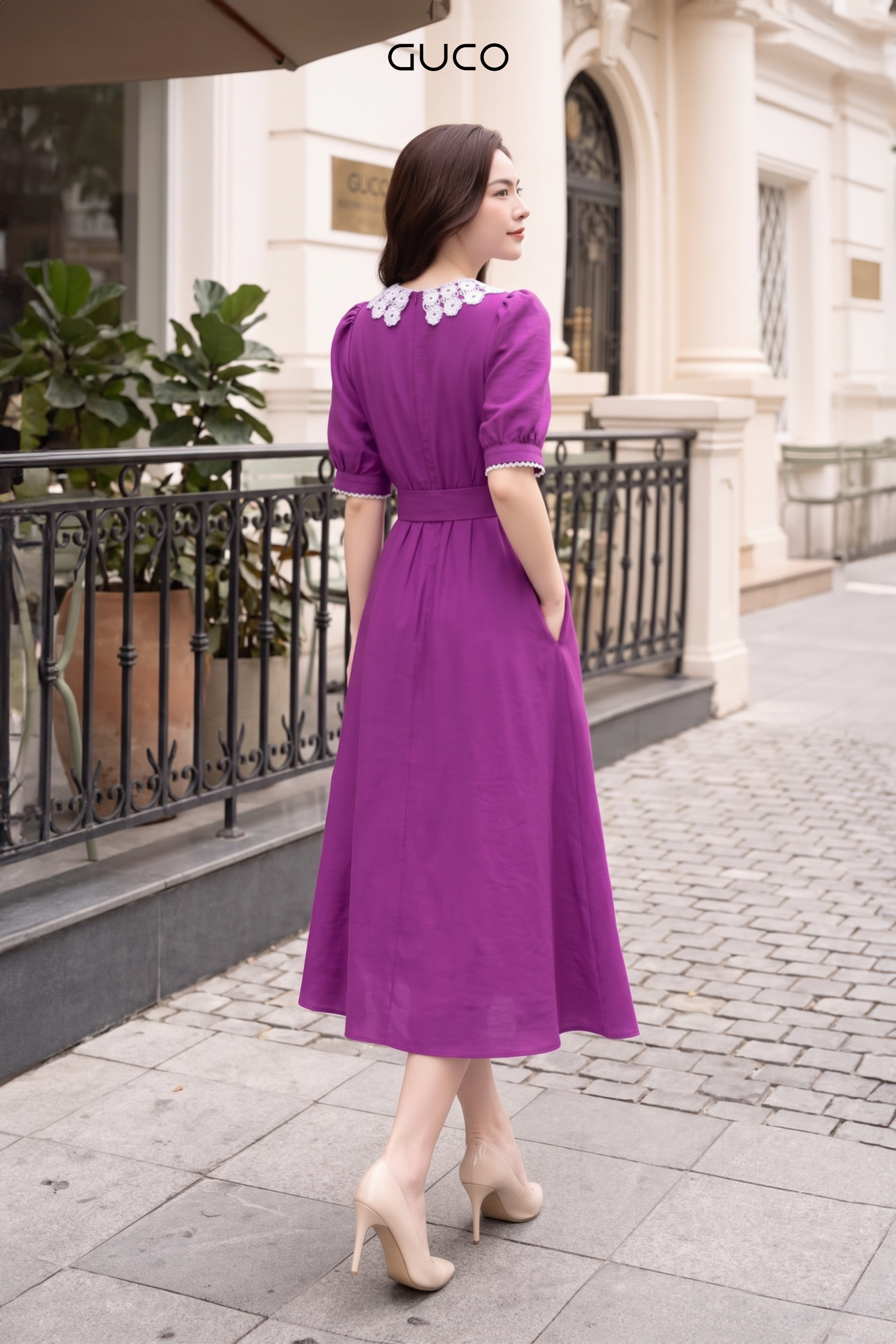 Đầm Công Sở Tím Cánh Sen Phối Cổ Ren Trắng - 5282_thumbnail_2