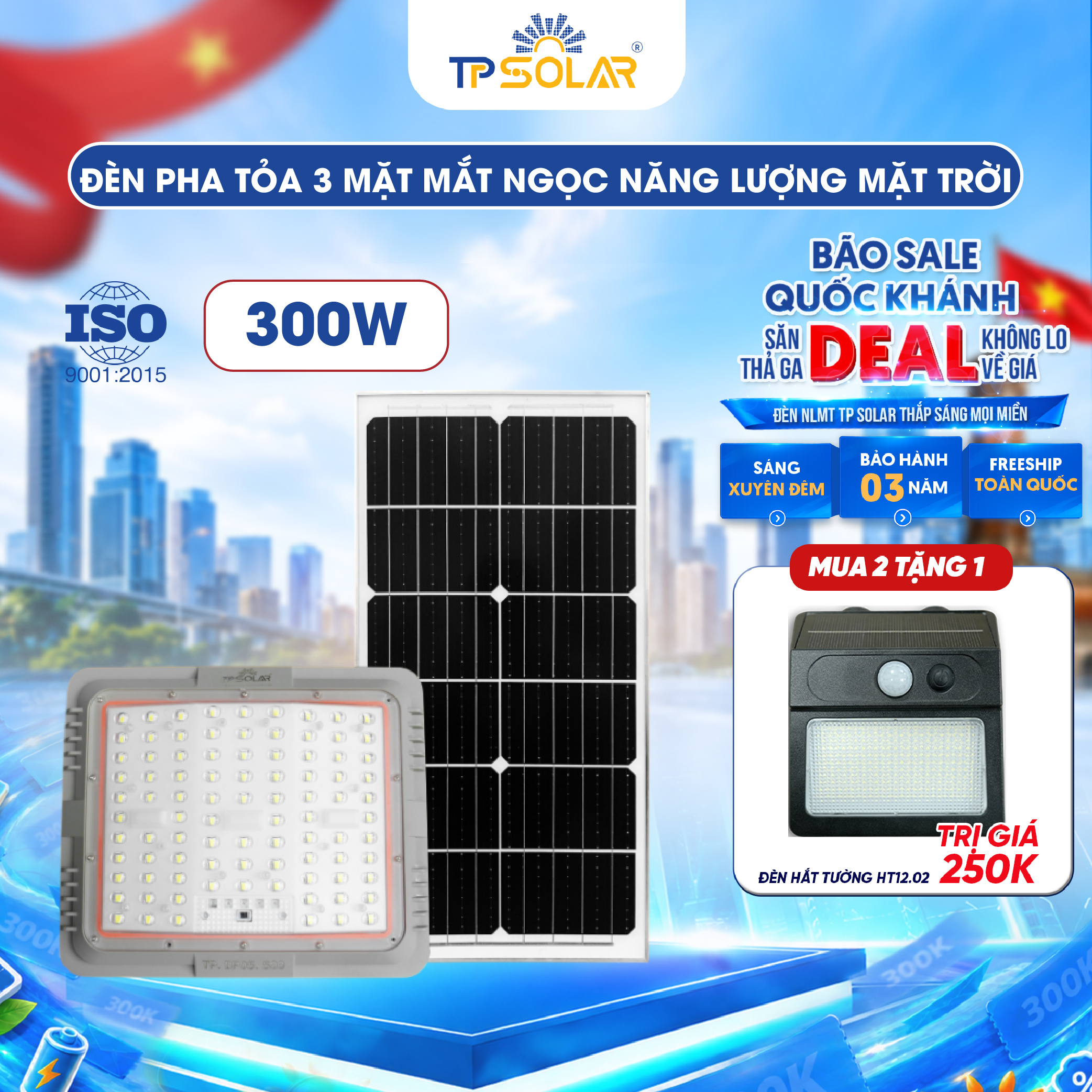 Đèn pha mắt ngọc tỏa 3 mặt năng lượng mặt trời TP SOLAR DP05
