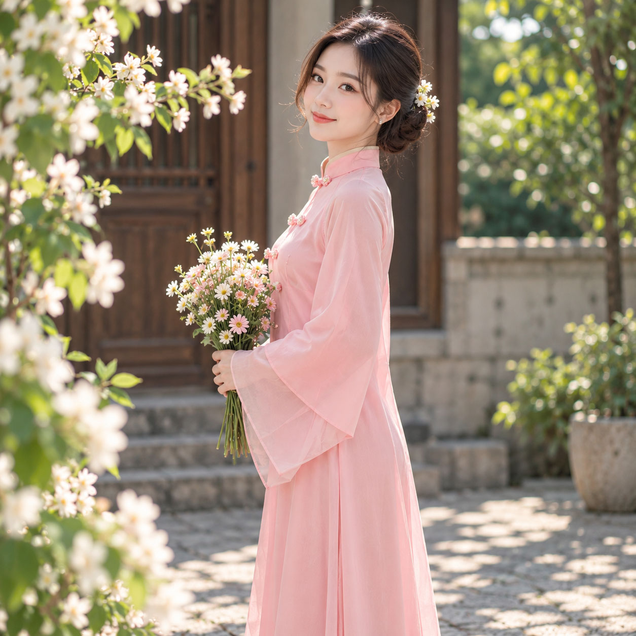 Áo Dài Cách Tân Nữ Cổ Đứng Dáng Suông Tay Loe Kèm Choàng Nhật Bình Voan Tơ Lụa - CT27-04_thumbnail_5