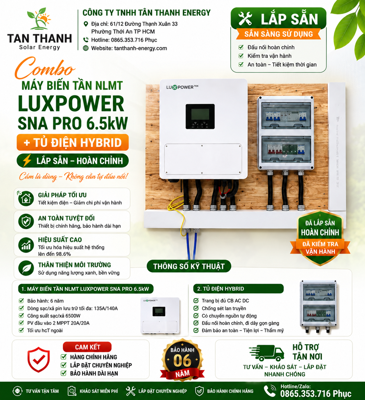 COMBO MÁY BIẾN TẦN NLMT SNA PRO 6.5kW + TỦ ĐIỆN HYBRID LẮP SẴN