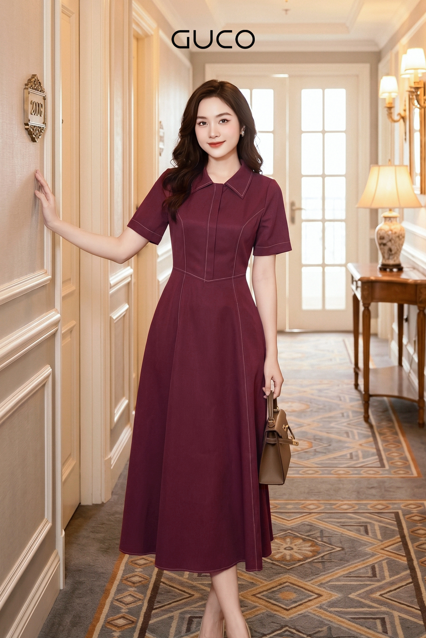 Đầm Đỏ Cổ Sơ Mi Viền Chỉ TrắngThanh Lịch