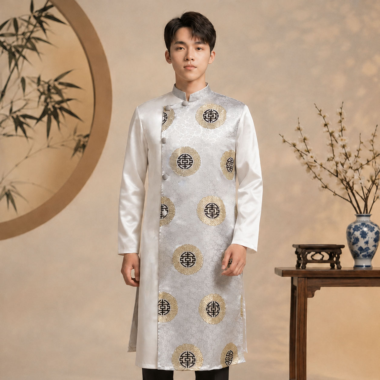 Áo Dài Nam Cách Tân Taffeta Họa Tiết Chữ Thọ Cao Cấp NA26-19_thumbnail_1