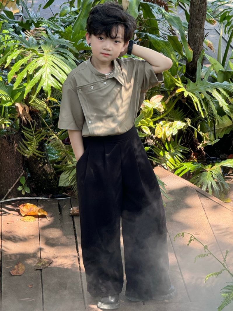Áo Nửa Cổ Dày Dặn,Quần Suông Đen Đai Bằng Cho Bé Trai.
