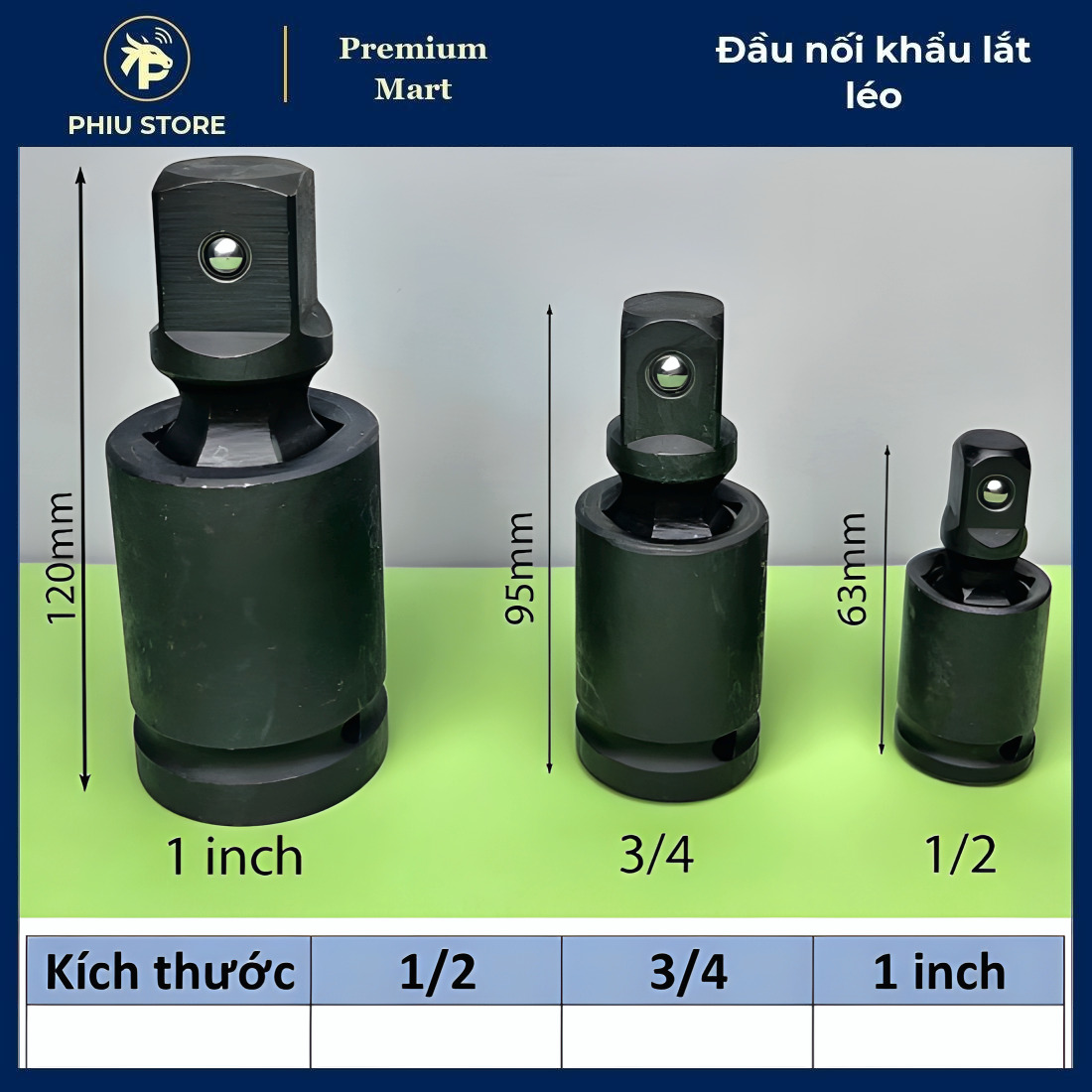 Đầu nối lắc léo, đầu khẩu lắc léo, đầu lắc léo 1/2, đầu chuyển cờ lê, cỡ 1/2 3/4 1 inch, PHIU STORE