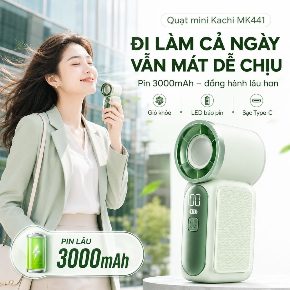 Quạt Cầm Tay Mini Kachi MK441 - Pin Khủng 3000mAh, Màn Hình LED Hiển Thị, 6 Cấp Độ Gió (Bảo Hành 18 Tháng)_thumbnail_3
