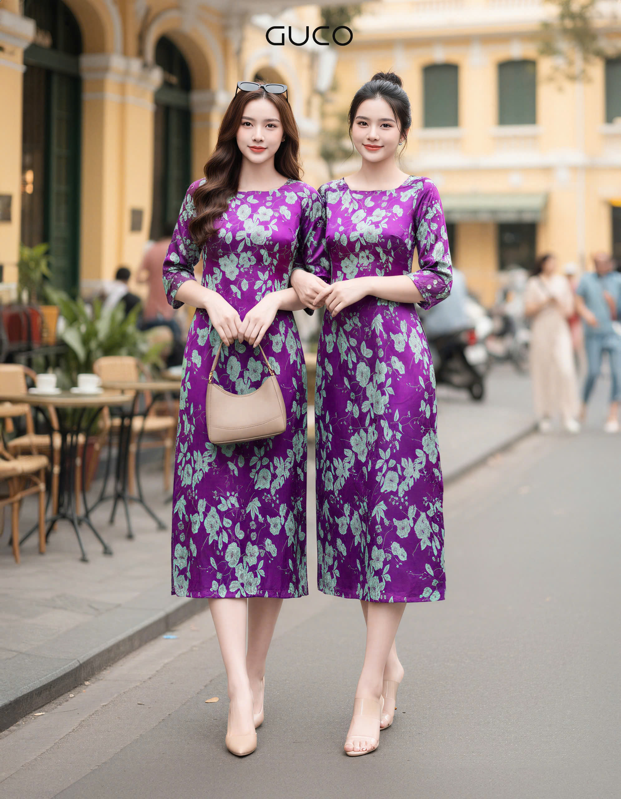 GUCO Đầm Hoa Xanh Nền Tím Thanh Lịch