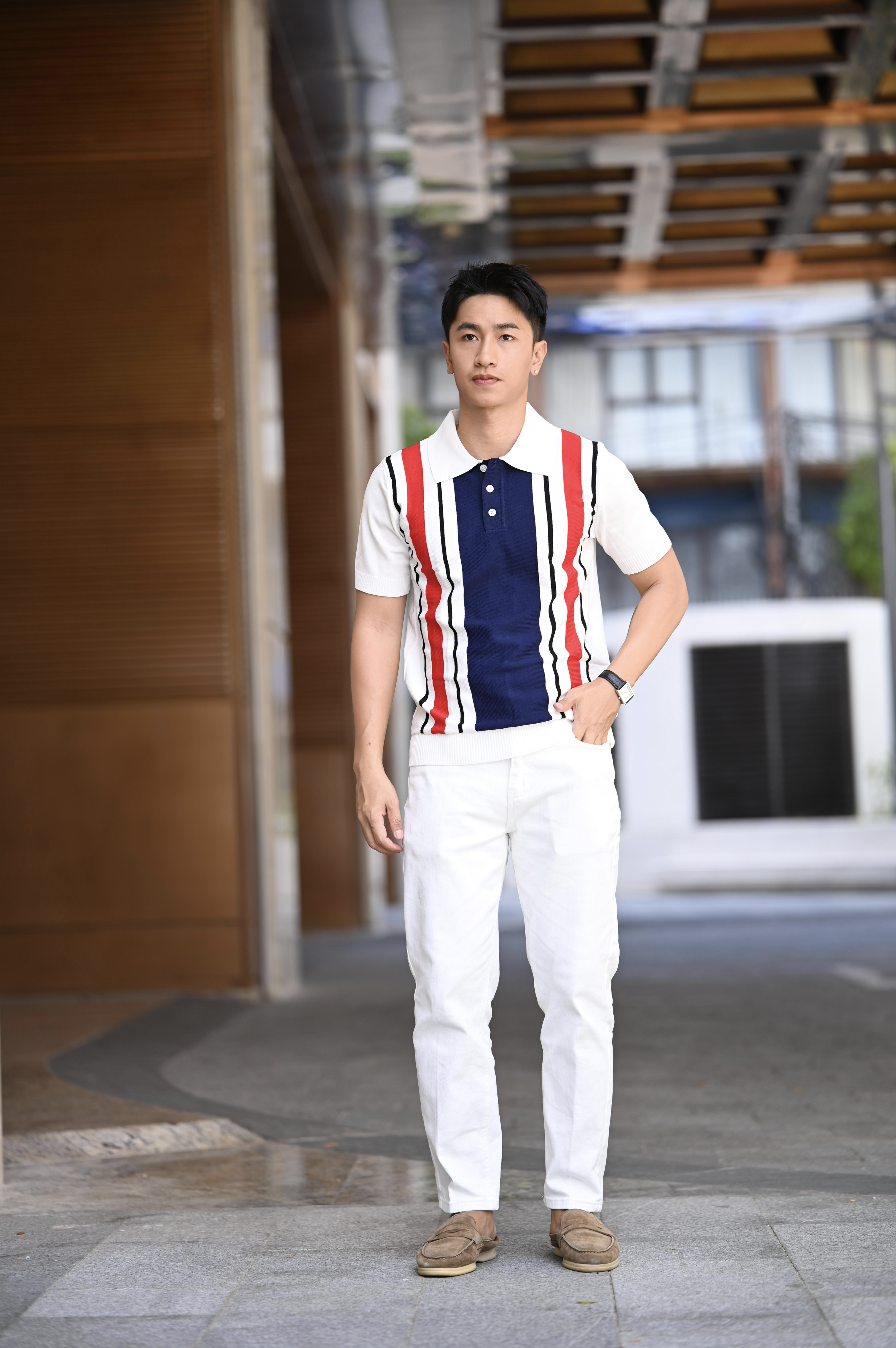 PB9 - Áo Polo Nam Tay Ngắn Dệt Kim Phong Cách Pháp, Họa Tiết Kẻ Sọc Trắng Đỏ Xanh, Mùa Hè 2025_thumbnail_4