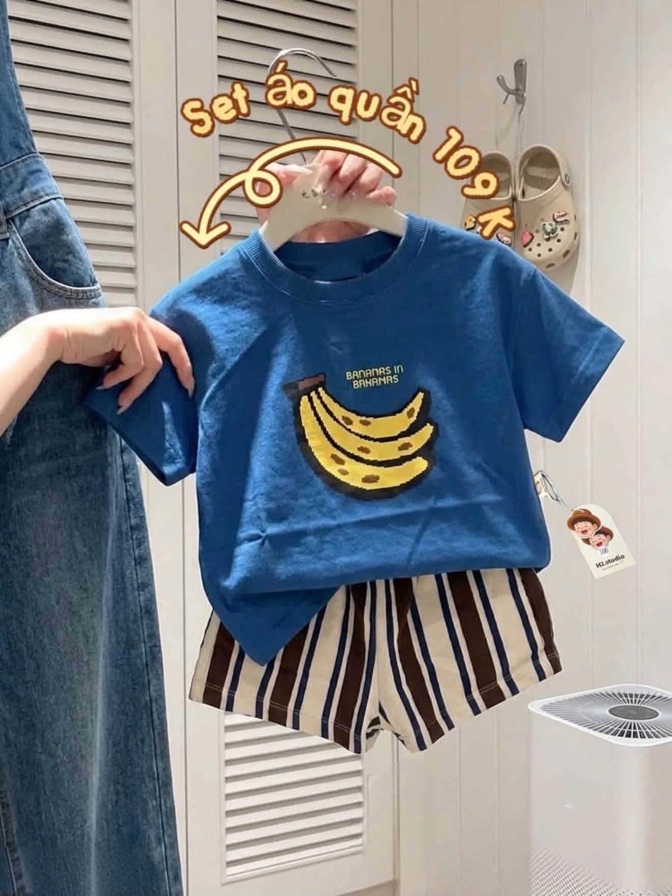 Set bộ cotton xanh kẻ chuối vàng