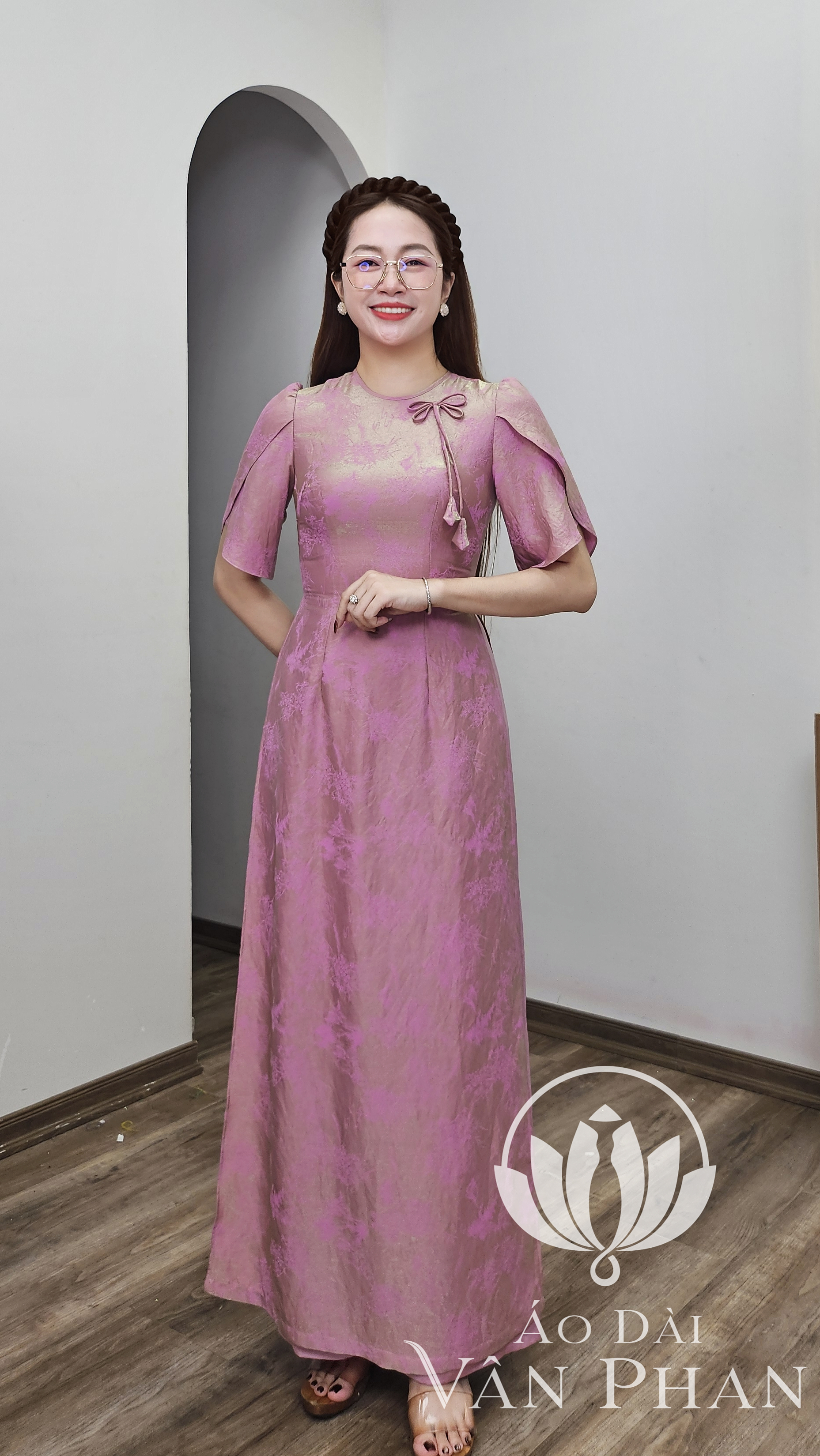 A3288 áo dài cổ khít tay búp sen tơ tằm hồng ánh xanh_thumbnail_1