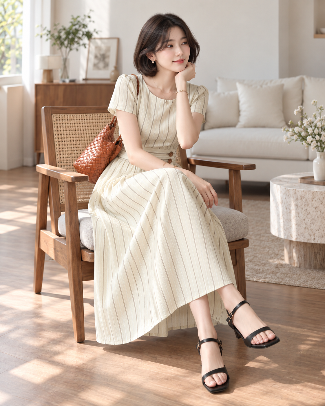 Đầm Kem Kẻ Sọc Nhấn Eo Dáng Xòe Thanh Lịch - MV073_thumbnail_1