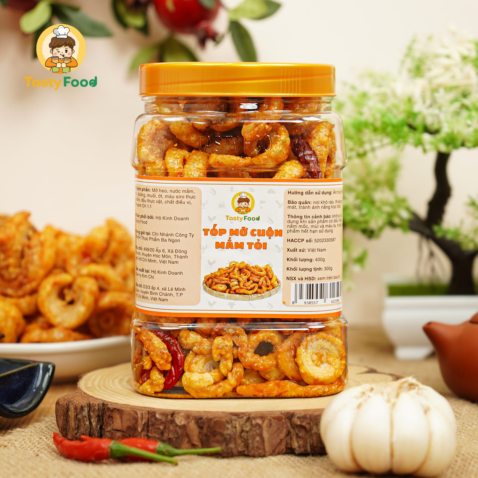 Tóp mỡ mắm tỏi cuộn giòn Tasty Food - Hũ vuông 400g