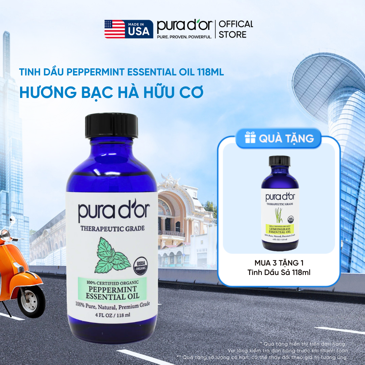 Tinh Dầu Bạc Hà Hữu Cơ Pura D'or Therapeutic Grade Peppermint Essential Oil 118ml