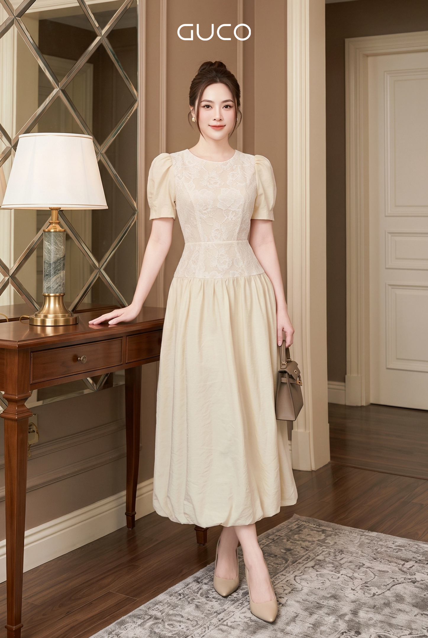 Đầm Vintage Vàng Áo Phối Ren - 5244