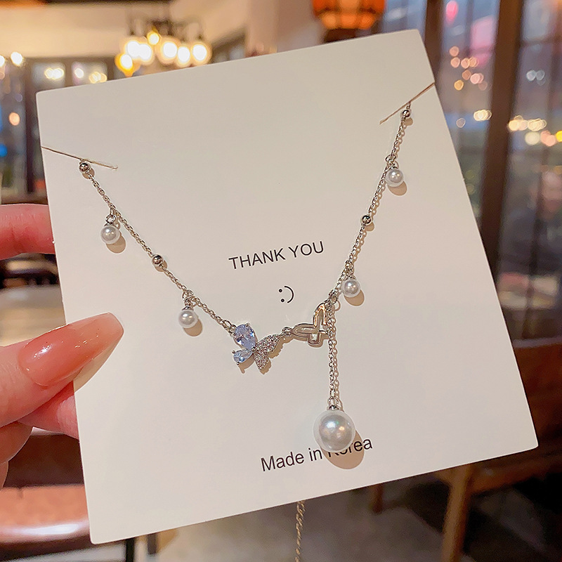 Vòng cổ bướm rỗng thiết kế sang trọng, kiểu dáng tua rua Pháp, phụ kiện xương đòn ngọc trai cao cấp, màu bạc_thumbnail_0