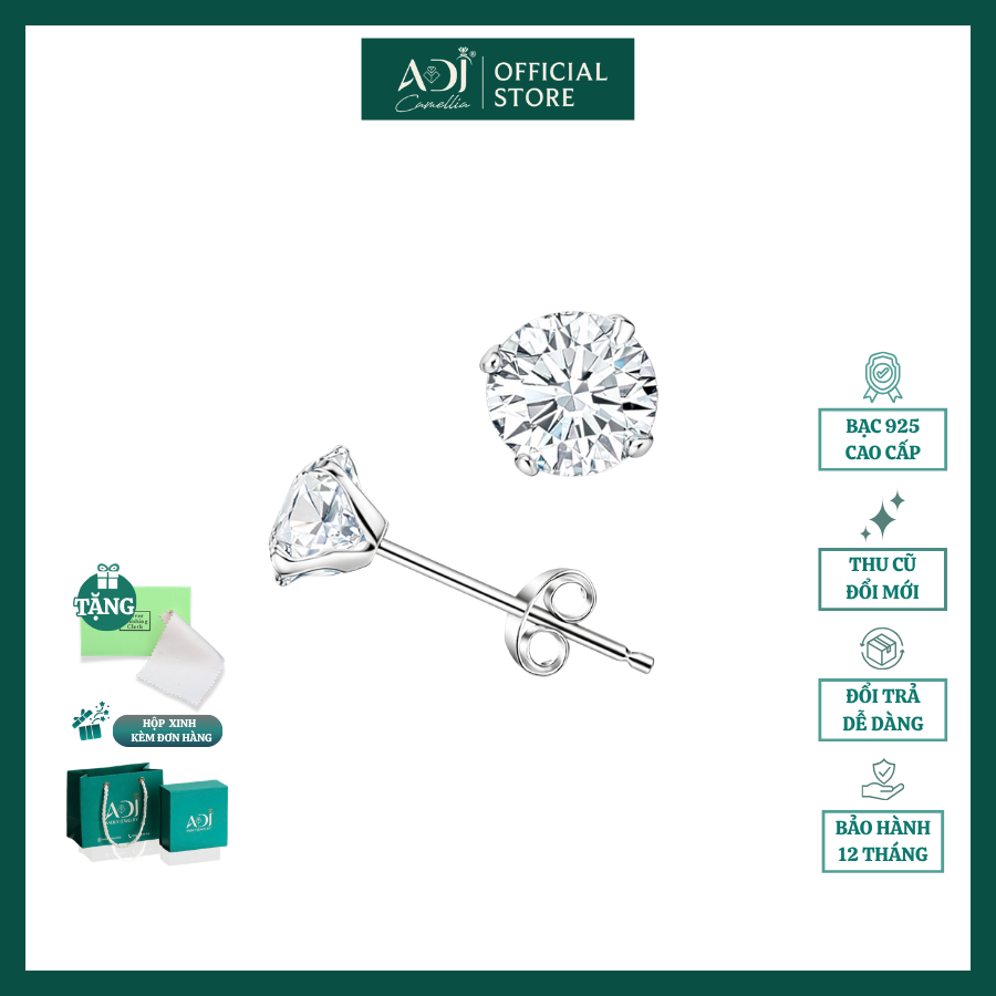 Bông Tai Bạc 925 Nữ Đính Đá CZ 3–6mm, Khuyên Tai Viên Chủ Sang Trọng Cao Cấp
