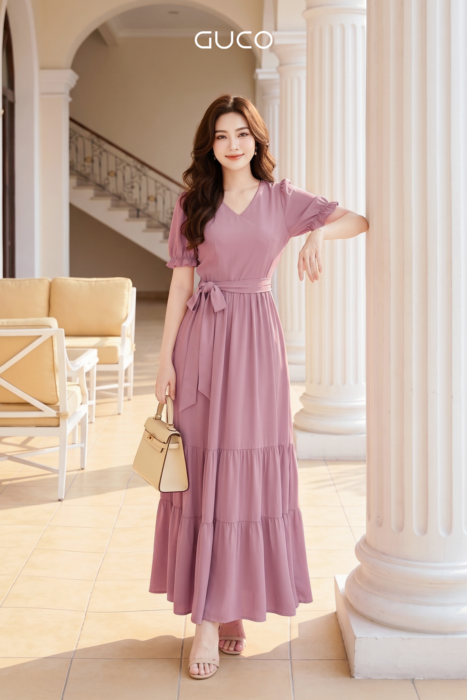 Đầm Maxi Hồng Tay Phồng Xếp Tầng Thắt Nơ