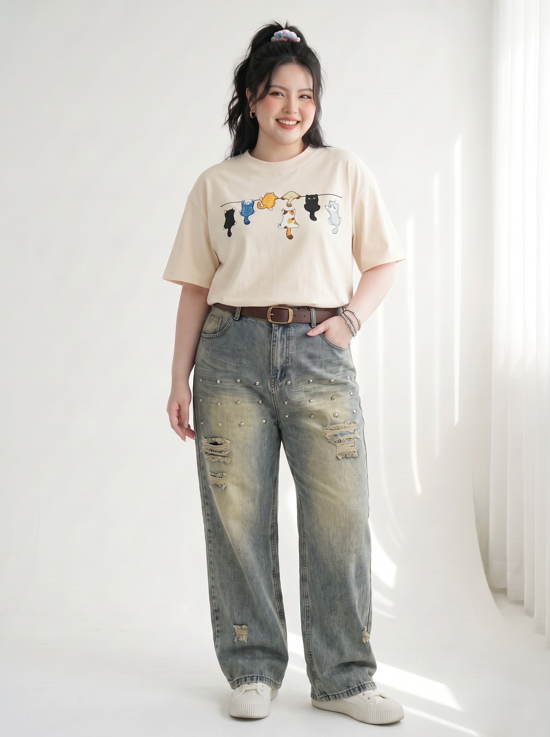 Quần Jean Suông Phối Đinh Lưng Thun Bigsize Nữ Không Co Giãn Dài 103–105cm Vừa 58–90kg - T-QJ643