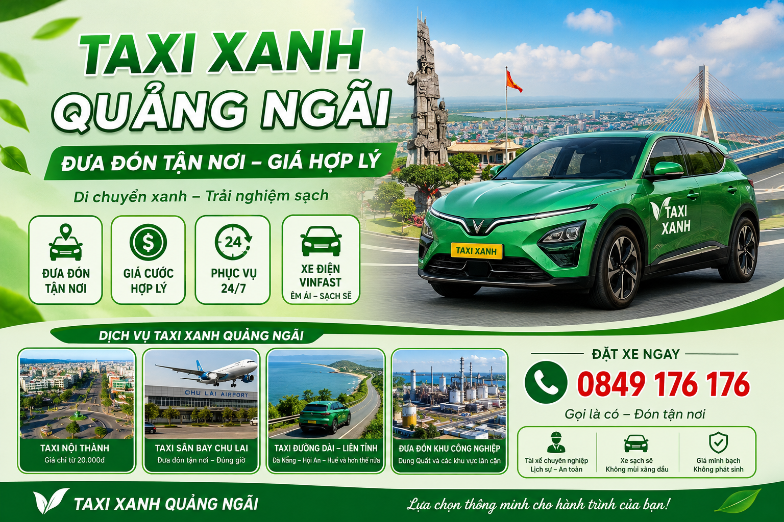 Taxi Xanh Quảng Ngãi: Đưa Đón Tận Nơi, Giá Hợp Lý 24/7
