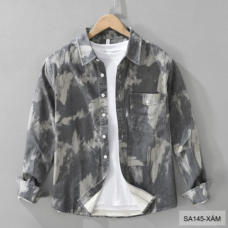SA145 - Áo Sơ Mi Nam Tay Dài Phong Cách Retro Denim In Hoa Văn Bông 100%