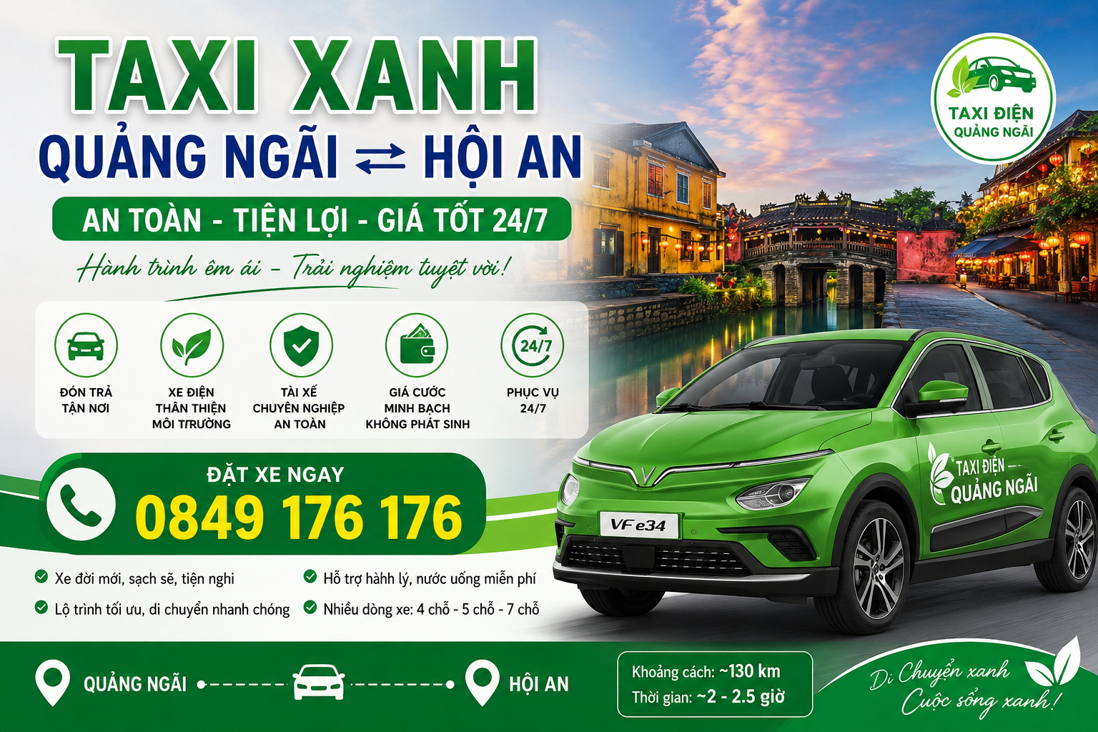 Taxi Xanh Quảng Ngãi Đi Hội An An Toàn, Giá Tốt 24/7