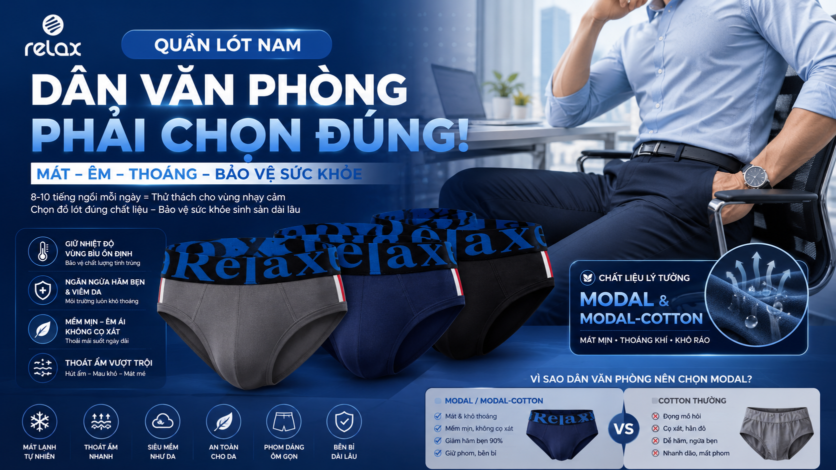 Nam Văn Phòng Ngồi Nhiều Nên Mặc Đồ Lót Chất Liệu Gì Tránh Hăm Bẹn?