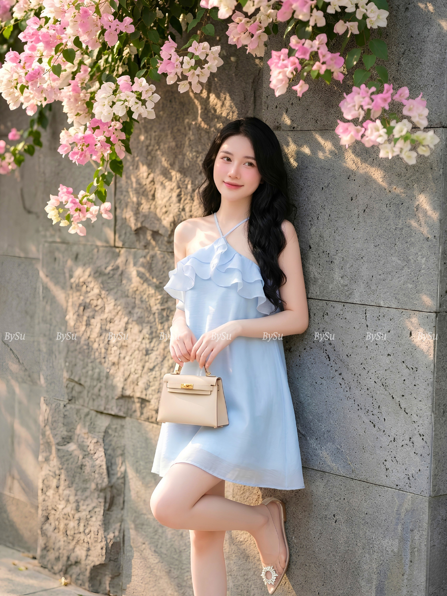 M41 - Đầm Tơ Cổ Yếm Phối Bèo Cao Cấp