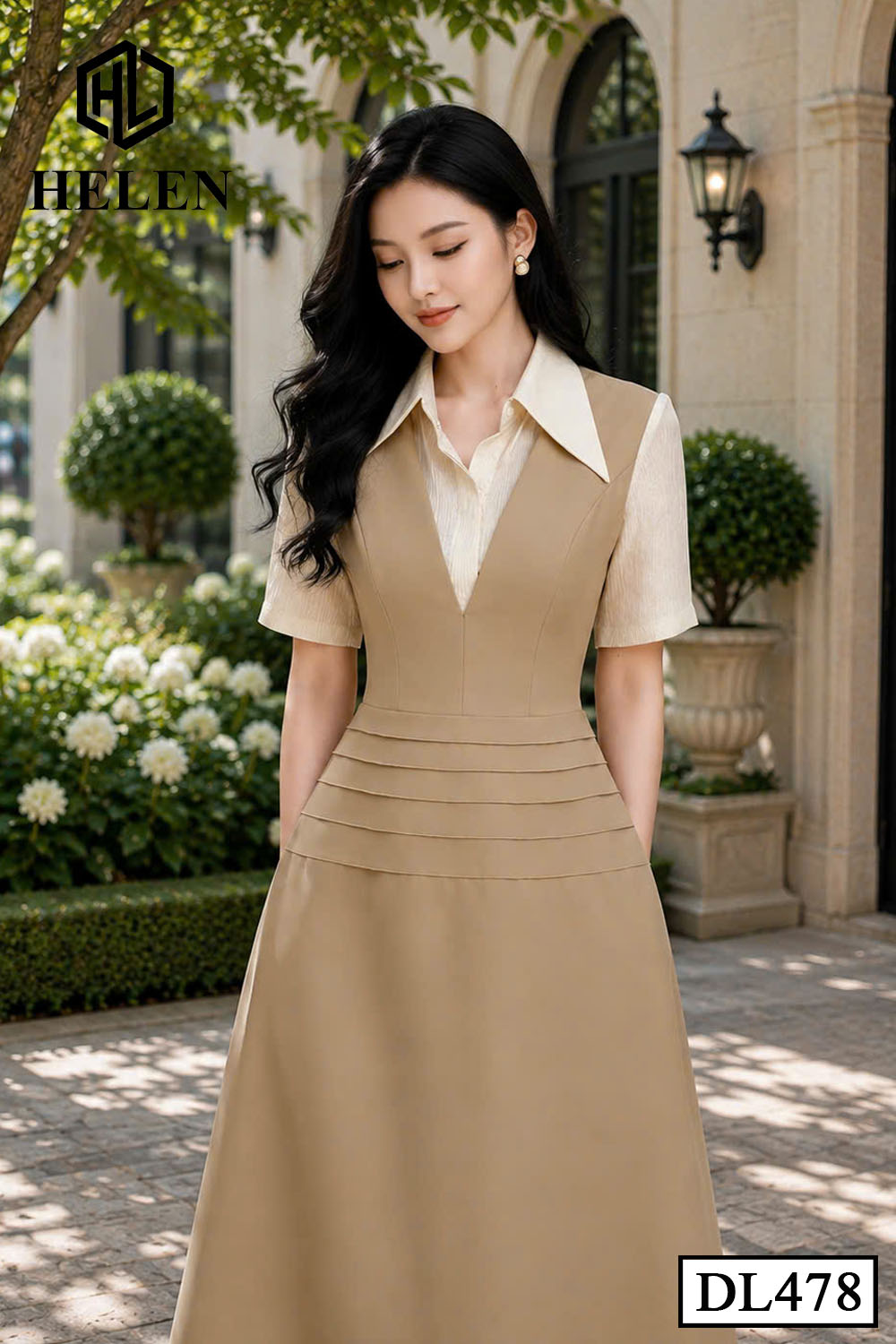 Đầm xòe nâu phối tơ be cổ đức DL478_thumbnail_3