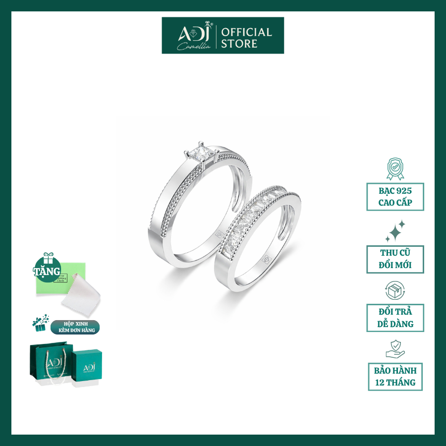 Nhẫn Đôi Bạc S925 ADJ Thiết Kế Trơn Đính Đá Tinh Tế,  Nhẫn Cặp Bạc Ý Cao Cấp Tặng Hộp Quà Sang Trọng