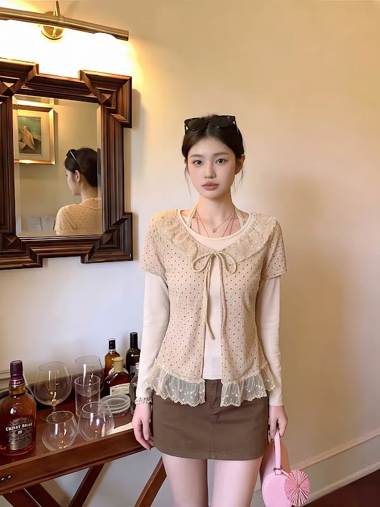 Lucas - Set áo thun dài tay + áo len chấm bi cộc tay buộc nơ viền ren cổ và gấu áo_thumbnail_2