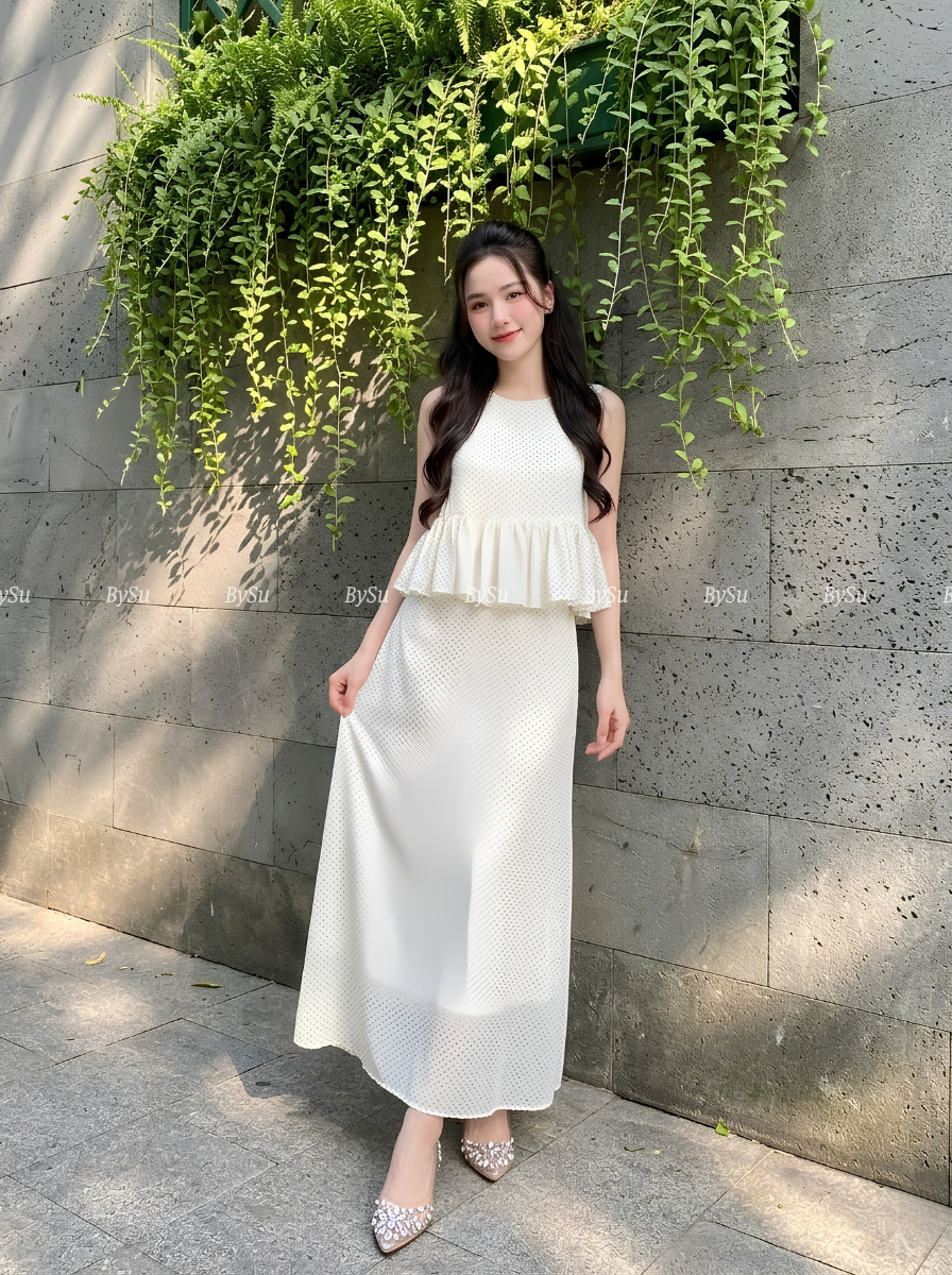 M37 - Set Áo Peplum & Chân Váy Maxi Chấm Bi