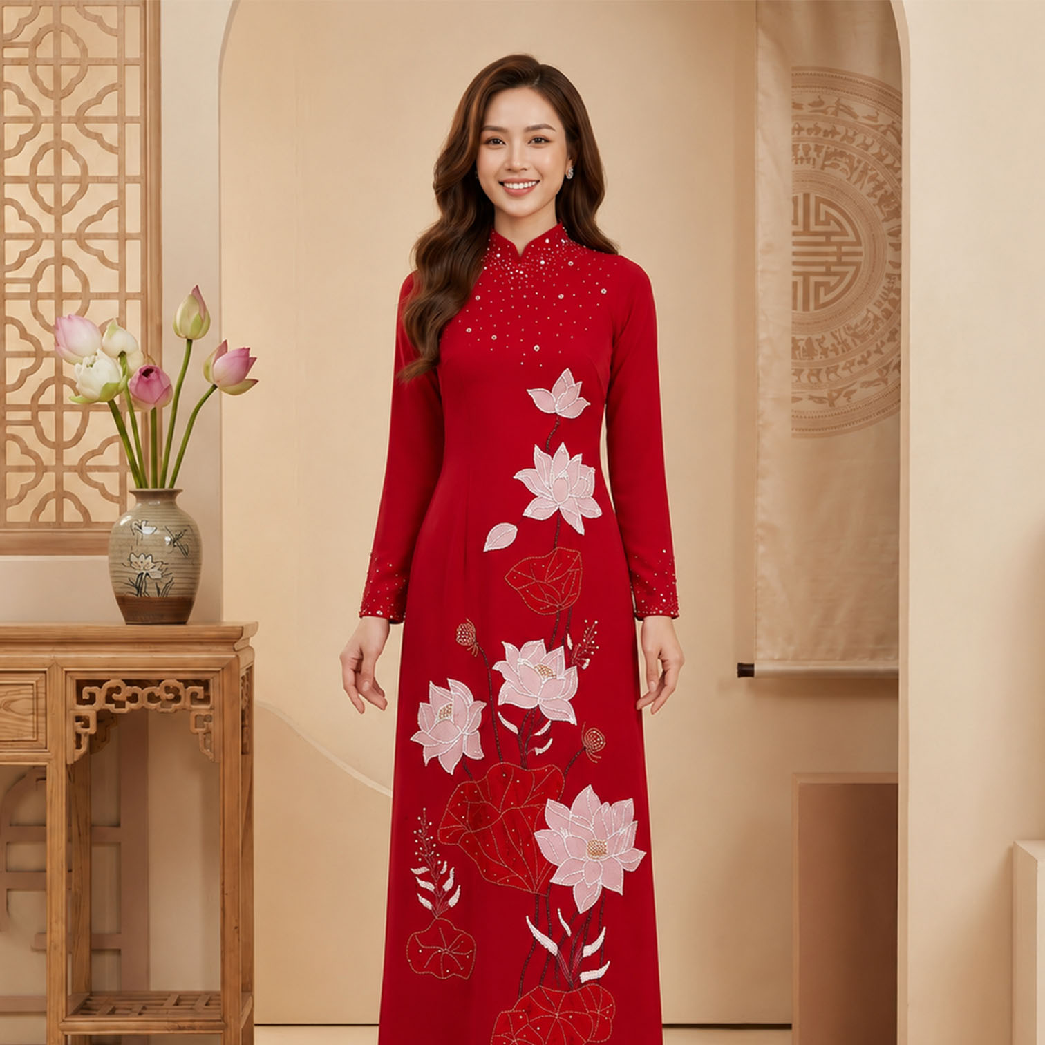 Áo Dài Mẹ Cô Dâu Chú Rể Đỏ Ruby Đính Hoa Sen Sang Trọng AM26-15_thumbnail_2