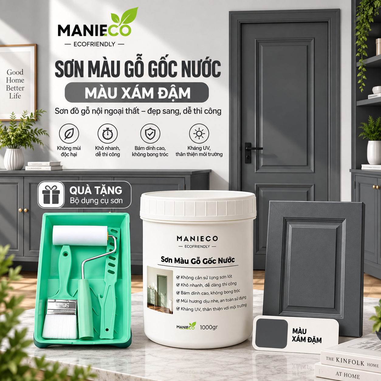 Màu Xám Đậm - Sơn Gỗ Gốc Nước Đổi Màu Manieco 1KG - Nội Ngoại Thất, Che Phủ Hoàn Toàn, Không Mùi