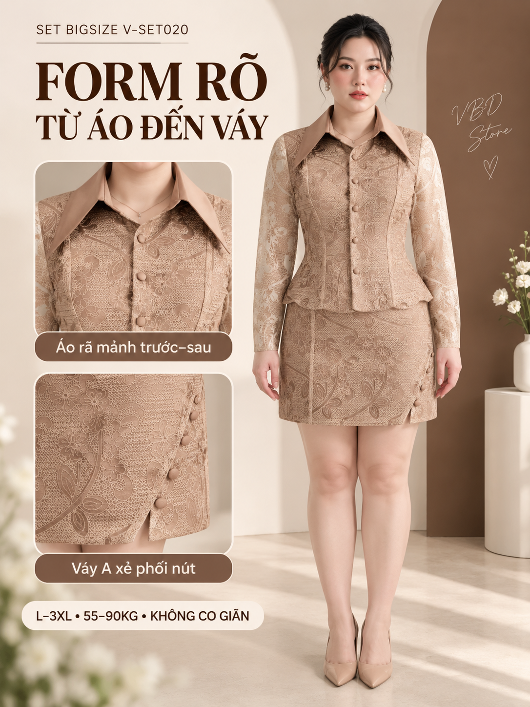 Hình tổng hợp V- SET020 làm rõ rã mảnh của áo và vạt váy A xẻ phối nút