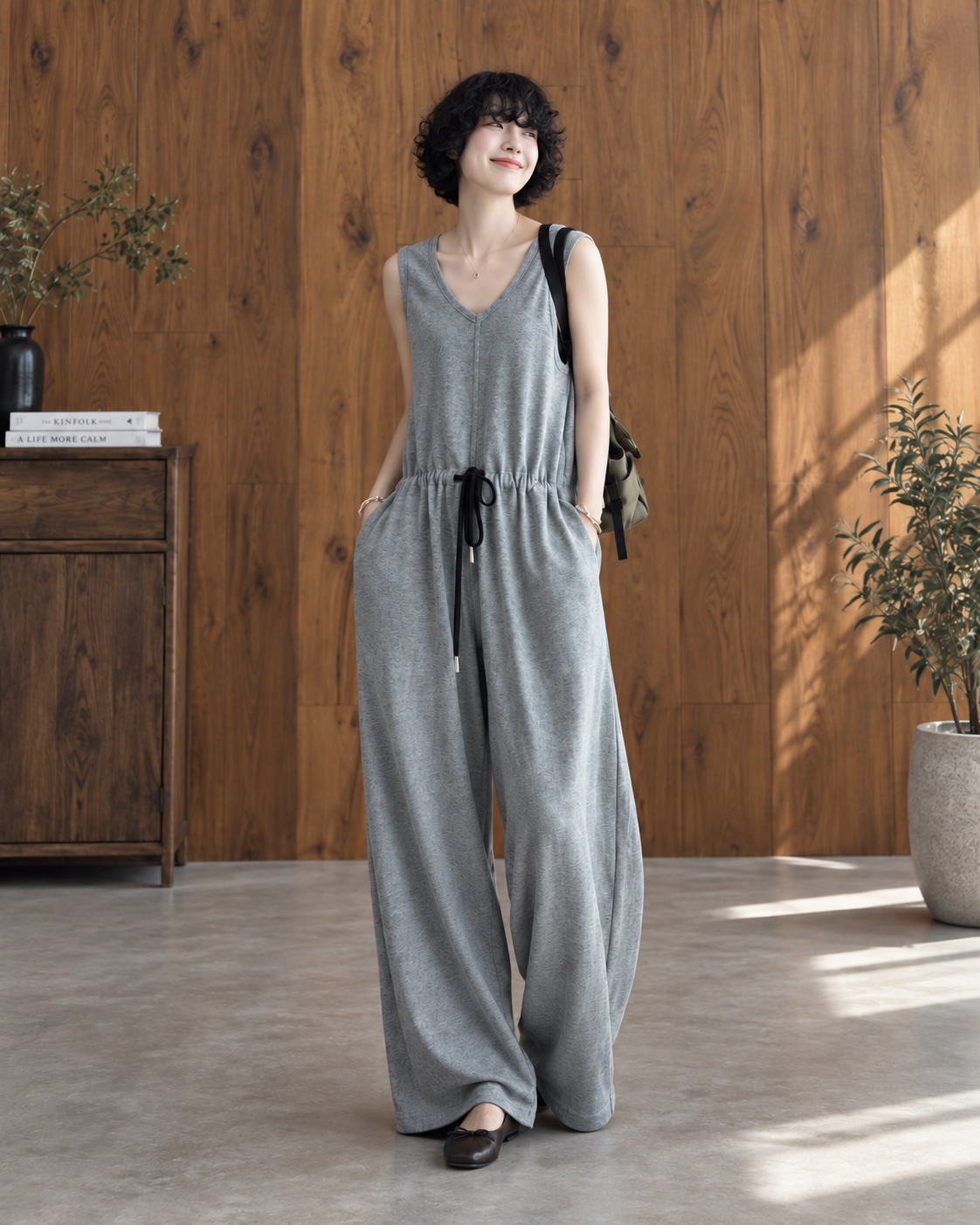 Jumpsuit Ghi Cổ V Rút Eo Dáng Rộng Thanh Lịch - MJ001