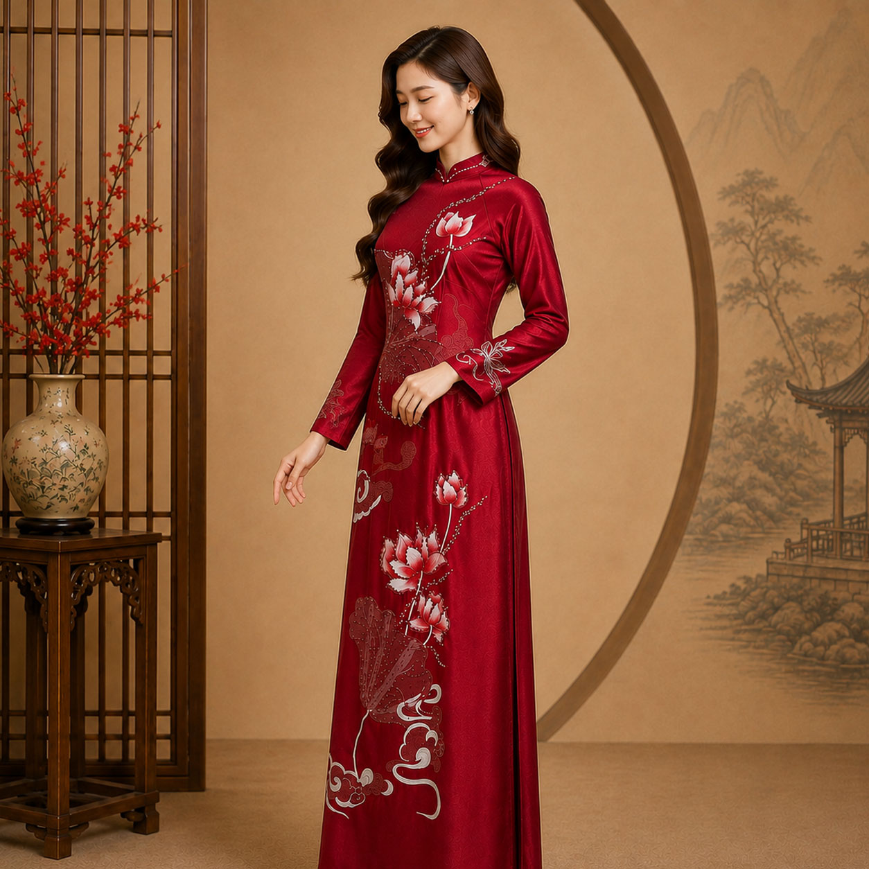 Áo Dài Mẹ Cô Dâu Chú Rể Đỏ Ruby Thêu Hoa Sen Sang Trọng – Ruby Cao Cấp AM26-18_thumbnail_3