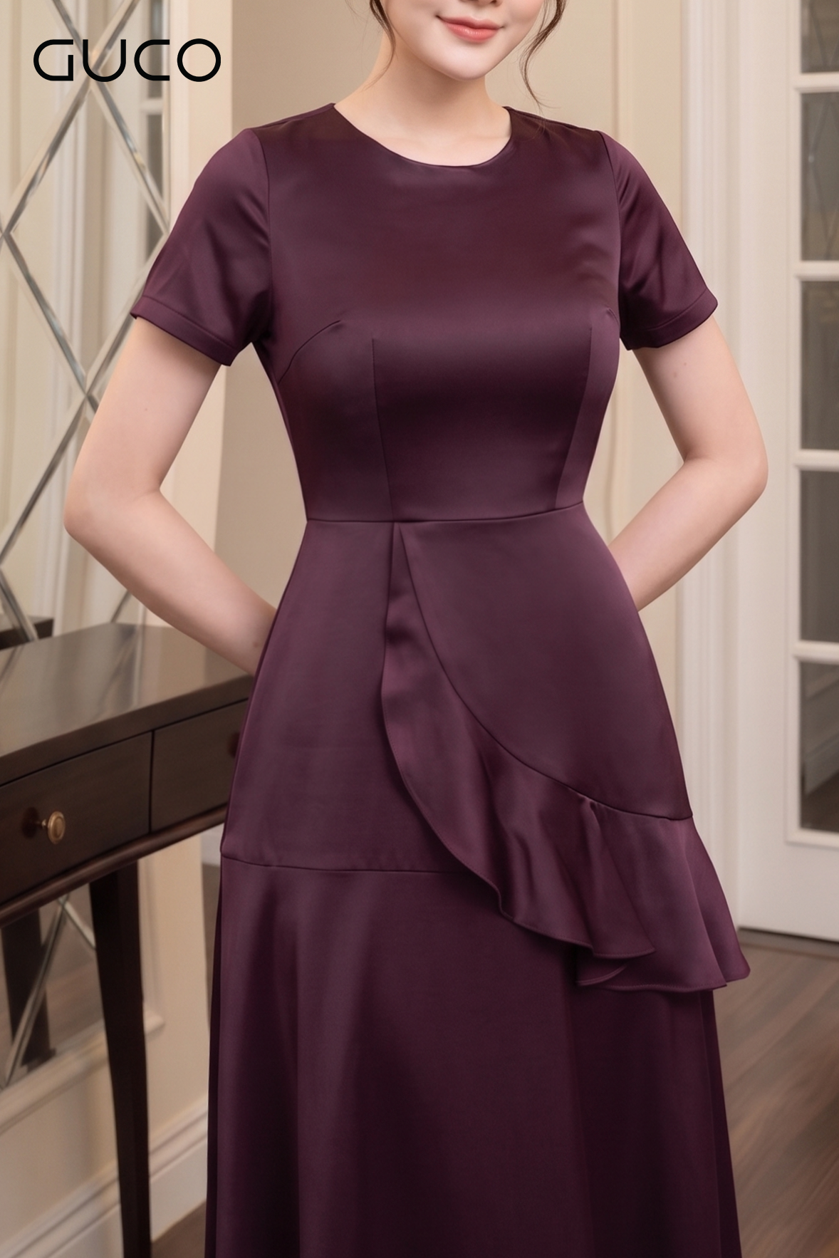 Đầm Dạ Hội Đỏ Burgundy Phối Bèo_thumbnail_1