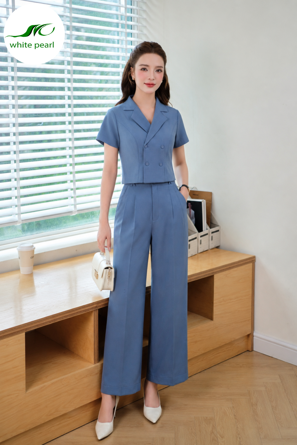  Áo sơ mi kí giả cổ K + Quần âu nữ xuông đỉa X Kate lụa - Xanh Nhạt